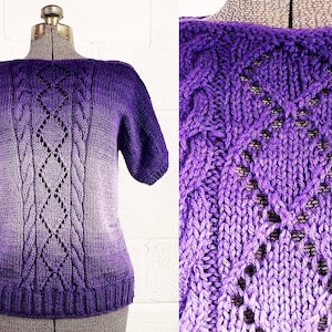 Vintage Purple Ombre Sweater Short Sleeve Knit Handmade Top 1980s 1990s Medium Large