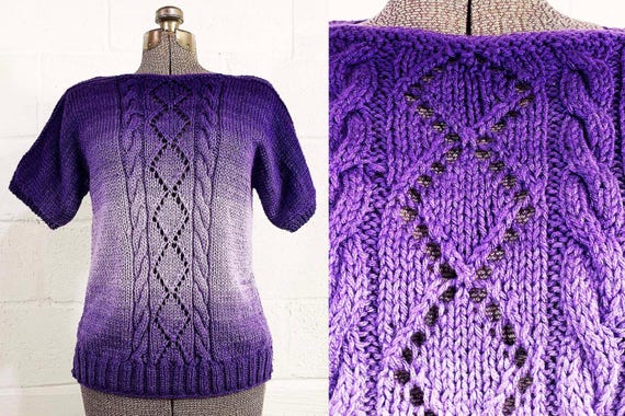 Vintage Purple Ombre Short Sleeve Sweater Space Dyed Knit Handmade Blouse 1980s 1990s Medium Large