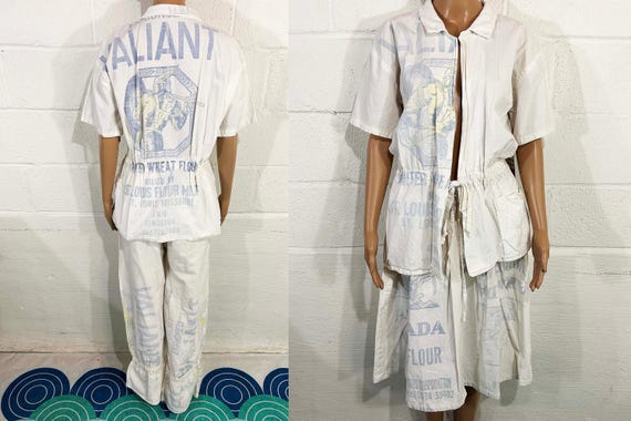 Vintage Rare 1930s Valiant Flour Sack Jacket Pants Skirt Set Handmade Linen Bag Antique Clothing