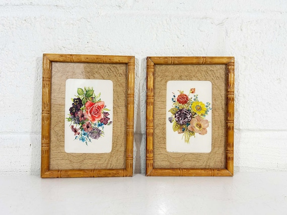Vintage Framed Floral Print Botanical Flower Bamboo Frame Lithograph Flowers 1970s 1960s
