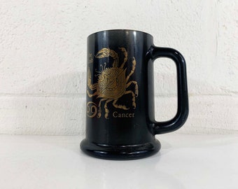 Vintage Large Cancer Mug Zodiac Horoscope Astrology Ware Coffee Tea Crab Black Gold Glass Kitsch Kawaii Celestial 1960s