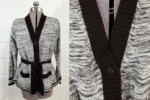 Vintage Space Dyed Cardigan Brown Sweater Long Sleeve Belted Knit Twin Peaks Button Front Boho 1970s Large XL