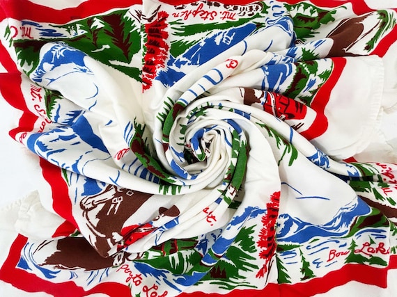 Vintage Alberta Canada Souvenir Scarf 1950s 1960s Vacation Mid-Century Buffalo Springs Bow Lake Louise