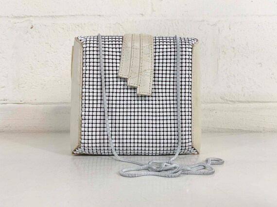 Vintage Box Purse Mesh Bag Structured Handbag 1970s 1960s Cocktail White Chain Metal Strap Crossbody Clutch