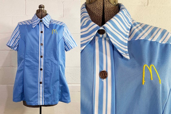 Vintage McDonald’s Uniform Shirt 1976 Crest 1970s Baby Blue White Fast Food Restaurant Dead Stock NOS Deadstock Plus Curvy Volup 1XL 1X XXL