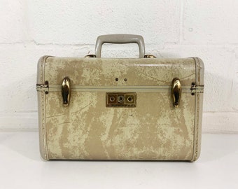 vintage Samsonite Streamlite Train Case Make Up Bag Valise Maquillage Case Sac de nuit Bagages Voyage années 1950 Miroir Vanity années 1940 Beige Ivoire