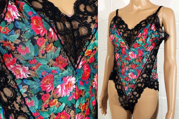 Vintage Floral & Black Lace Lingerie Teddy Bodysuit by Fiori Collezione 1990s Small XS