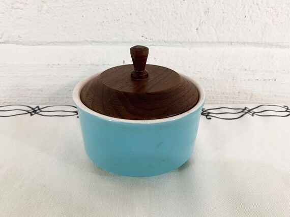 Vintage Aqua Blue Sugar Bowl: Mid Century Modern China with Wood Lid