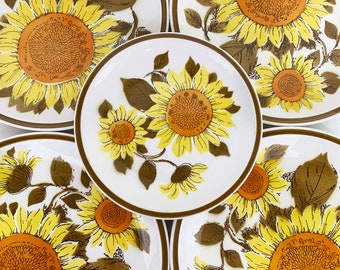 Vintage Mikasa Cera-Stone Sun Blaze Sunflowers Plates Dinner Dessert Salad Plate Set of 5 Yellow Floral Mid Century Dopamine Decor 1960s