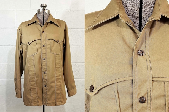 Vintage Tan Shirt Heavyweight Snap Front Collared Long Sleeve Brown Western John Blair Menswear Minx TV Movie Costume 1970s Large XL