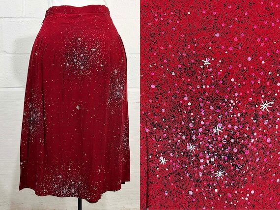 Vintage Bernard Danaé Skirt Paris France Silk Red Galactic Confetti Starburst Snowflake 1970s 1980s Small