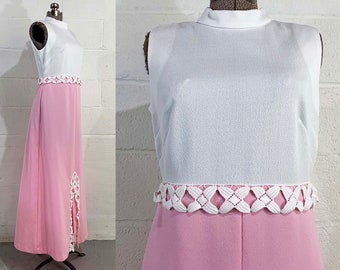 Vintage Pink A-Line Maxi Dress 60s Mod Baby Doll White Trim Lace 1960s Mod Twiggy Megan Draper Sleeveless Prom Wedding Dopamine Medium