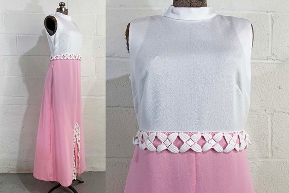 Vintage Pink A-Line Maxi Dress 60s Mod Baby Doll White Trim Lace 1960s Mod Twiggy Megan Draper Sleeveless Prom Wedding Dopamine Medium