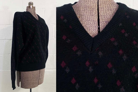 Vintage Sweater Black V Neck Italian Italy Pullover Robinson's Private Stock Men's Wool Blend Jumper 1980s 80s Large XL