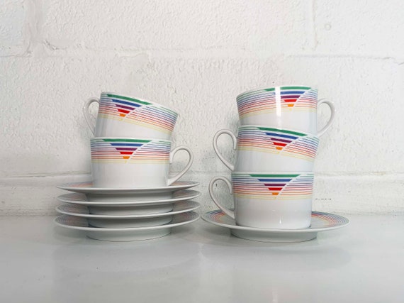 Vintage Mid Century Rainbow Teacup Saucer Set of 5 Japan 1980's Stripe Porcelain Mugs China 1980s 80s Saucers Coffee Mug