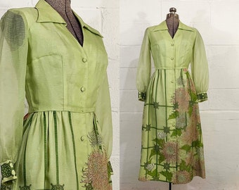 Vintage Alfred Shaheen Dress Floral Bishop Sleeves Hostess Green Small 1970s