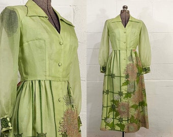 Vintage Alfred Shaheen Dress Floral Long Bishop Sleeves Hostess Lime Green Screen Print Dress Sheen Small 1970s 1960s