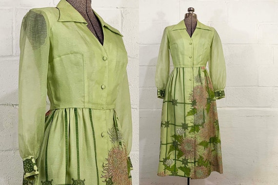 Vintage Alfred Shaheen Dress Floral Long Bishop Sleeves Hostess Lime Green Screen Print Dress Sheen Small 1970s 1960s