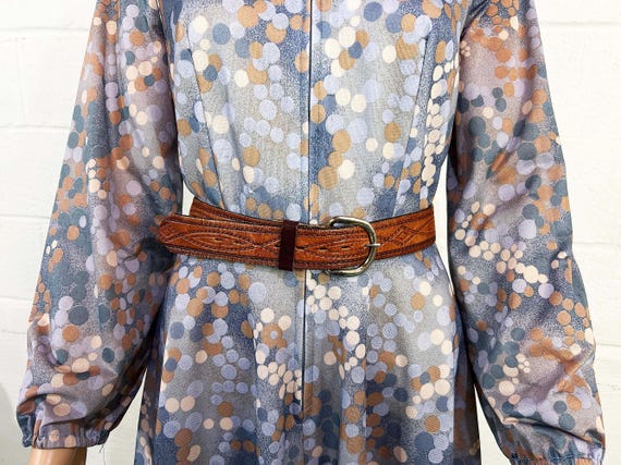 Vintage Stamped Leather Belt Unisex Western Cowgirl Cowboy Rockabilly Country Southwestern Top Grain Embossed Brass USA Buckle Large 1970s