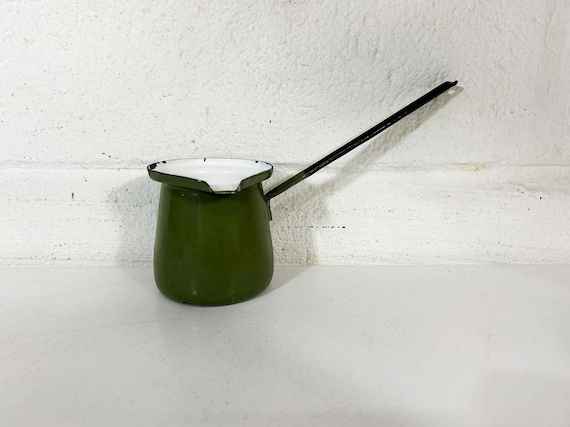 Vintage Enamel Dipper Ladle Turkish Coffee Pot Cup Poland Milk Warmer Butter Kitchen 1950s