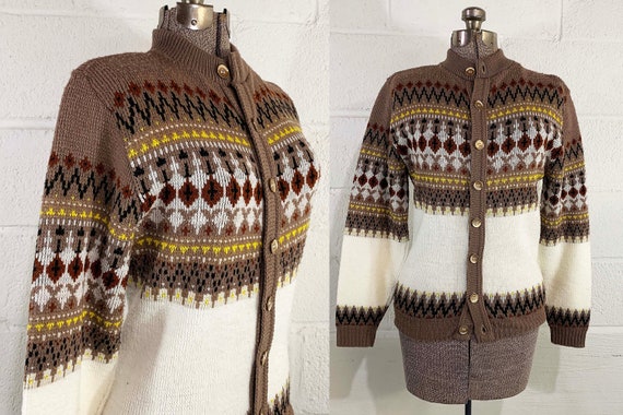 Vintage Fair Isle Cardigan Sweater Jumper Brown White Inter Vale Long Sleeved 1960s 60s Cozy Hygge Boho Small Medium