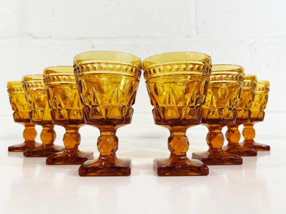 Vintage Amber Aperitif Glasses Set of 8 Yellow Indiana Glass Park Lane Sherry Cordial Mid-Century 1970s