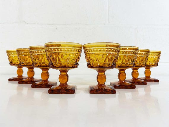 Vintage Amber Coupe Glasses Set of 8 Goblet Faceted Indiana Glass Champagne 1970s
