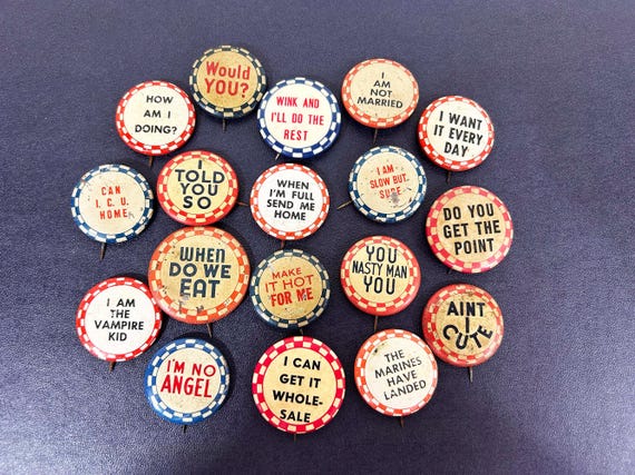 Vintage Novelty Pinback Button Brooch - Sold Individually - Funny Gag Gift 1940s 1950s Checkered Blue Red Mid Century