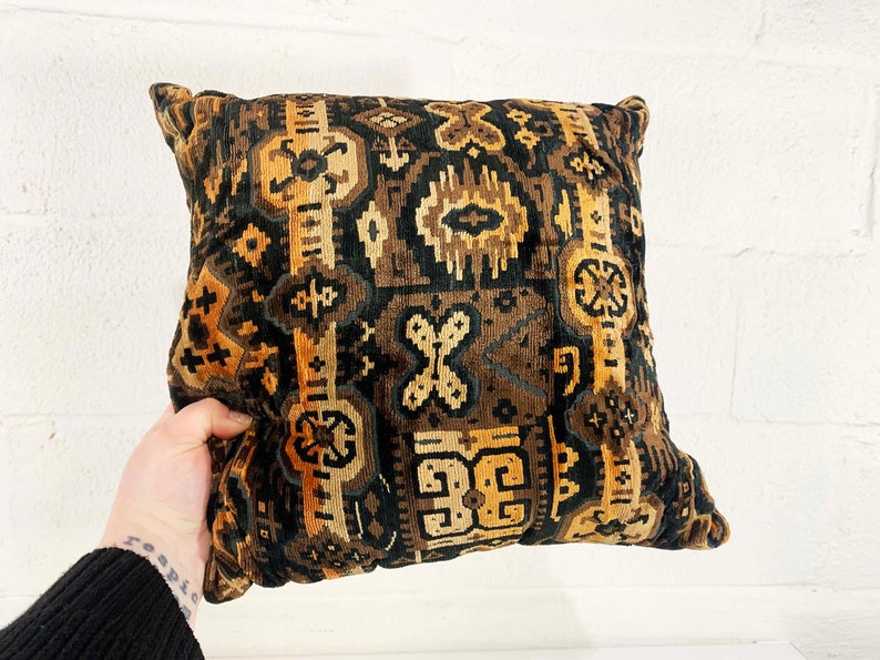 Vintage Black Brown Geometric Pillow Ikat Tan Square Velvet Accent 1970s 70s Home Decor Throw Sofa Couch image 5