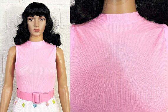 Vintage Mockneck Sleeveless Top Mock Neck Helen Sue Tank 70s 1970s Mod Barbie Pink Ribbed Knit 1960s 60s Medium Small XS