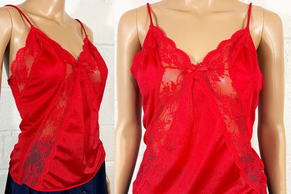 Vintage Red Lace Tank Top 1970s Sheer Lingerie XS Small