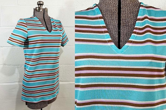 Vintage Jantzen Striped Shirt Blue Stripe Summer Short Sleeve Hipster 1970s Tunic Tee Stripes 1960s Small