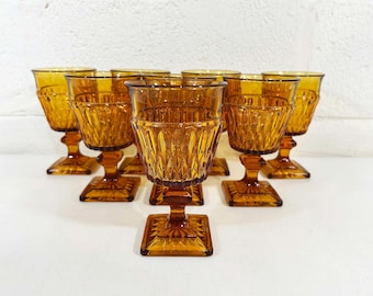 Vintage Set of 8 Amber Goblets Matching Glasses Mt Vernon Footed Stemware Wine 1970s Barware Bar MCM