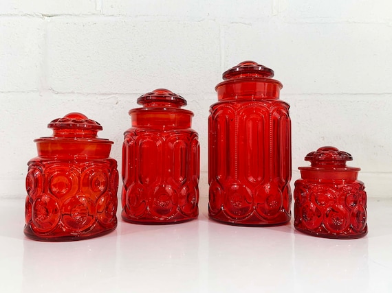 Vintage LE Smith Red Moon & Stars Glass Canisters Set of 4 Kitchen Canister Food Storage MCM Glassware 1960s Retro Cookie Jar