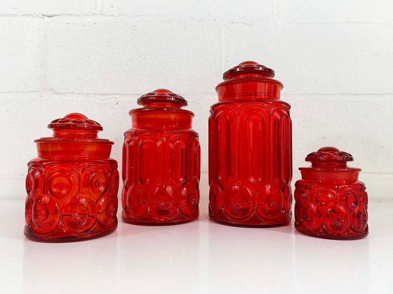 Vintage LE Smith Red Moon & Stars Glass Canisters Set of 4 Kitchen Canister Food Storage MCM Glassware 1960s Retro Cookie Jar image 1