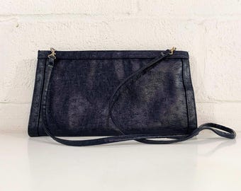 Vintage Navy Crossbody Purse Bag Blue Faux Leather Brass  display picture 1