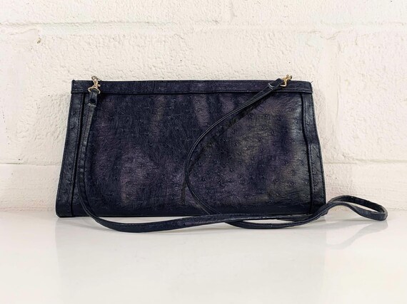 Vintage Navy Crossbody Bag Blue Faux Leather Purse Handbag Minimalist Flap Brass Ostrich 1990s 90s