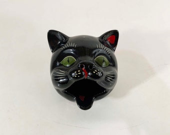 Vintage Shafford Black Cat Open Mouth Ashtray Handpainted Japan Redware Planter Halloween Mid-Century 1950s