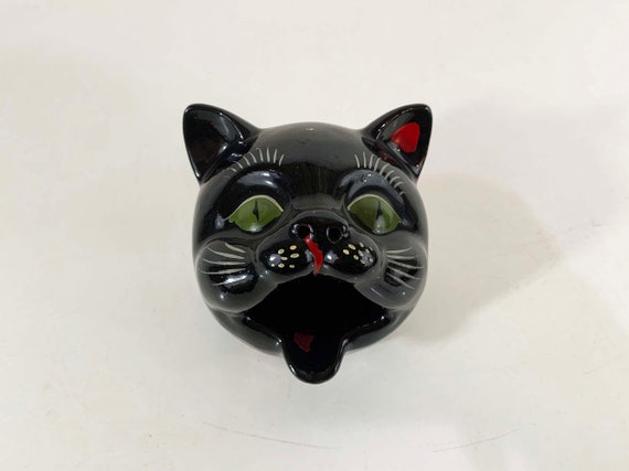 Vintage Shafford Black Cat Open Mouth Ashtray Handpainted Japan Redware Planter Halloween Mid-Century 1950s