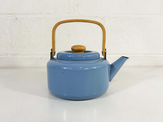 Vintage French Blue Enamel Tea Kettle 1970s Wooden Handle Teapot Danish Copco Style Wood Retro Kitchen Decor Periwinkle