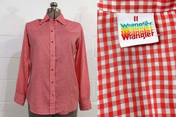 Vintage Wrangler Western Shirt Cowboy Rodeo Gingham Checked Pearl Snap Plaid Cowgirl West USA Long Sleeve 1970s Medium Large
