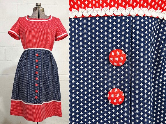 Vintage Red White & Blue Polka Dot Dress Short Sleeve Pin Up Rockabilly Swing Style Color Block Mod Cute 1960s Medium