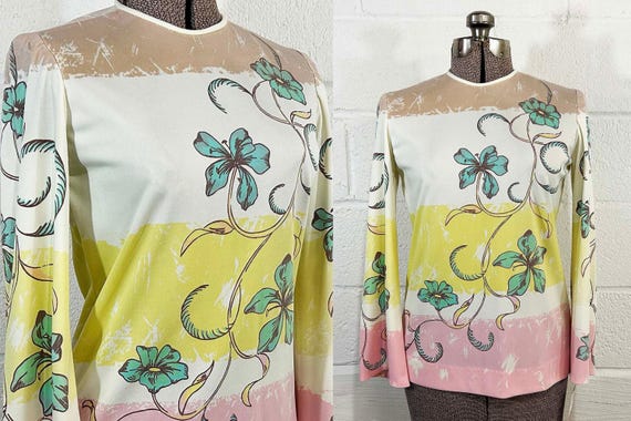 Vintage Colorful 70s Top Crew Neck Shirt Bel Sleeve Blouse Long Sleeved Zip Neck Floral Pucci Style 1960s 1970s Medium Small