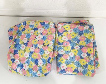 Vintage Twin Sheet Set Flat & Fitted Sheets Wamsutta Pink Blue Yellow Green Floral Bedding Fabric Mid-Century 1960s 1970s