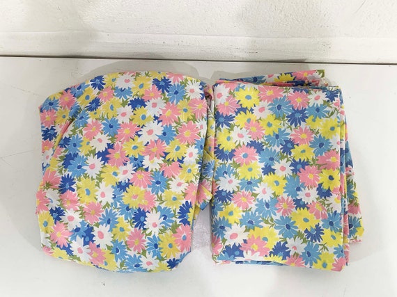 Vintage Twin Sheet Set Flat & Fitted Sheets Wamsutta Pink Blue Yellow Green Floral Bedding Fabric Mid-Century 1960s 1970s