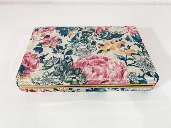 Vintage Floral Jewelry Box Velvet Earring Ring Case Pink Blue Pastel Travel Hard Clamshell Retro Necklace Storage 1980s 80s