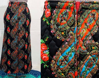 Vintage Quilted Paisley Maxi Skirt Danville Loungewear Black Red Blue Flowers Rose Floral Boho Mod A-Line Rainbow Small 1960s Medium