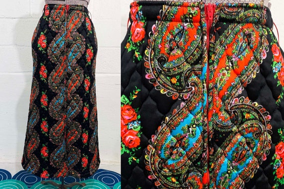 Vintage Quilted Paisley Maxi Skirt Danville Loungewear Black Red Blue Flowers Rose Floral Boho Mod A-Line Rainbow Small 1960s Medium