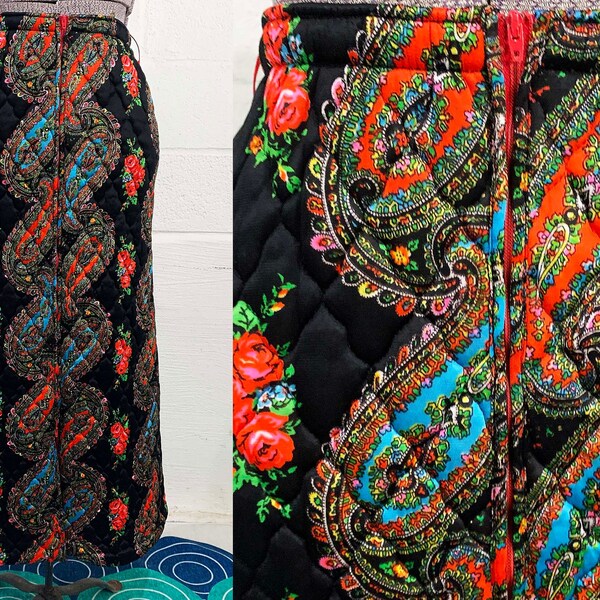 Vintage Quilted Paisley Maxi Skirt Danville Loungewear Black Red Blue Flowers Rose Floral Boho Mod A-Line Rainbow Small 1960s Medium