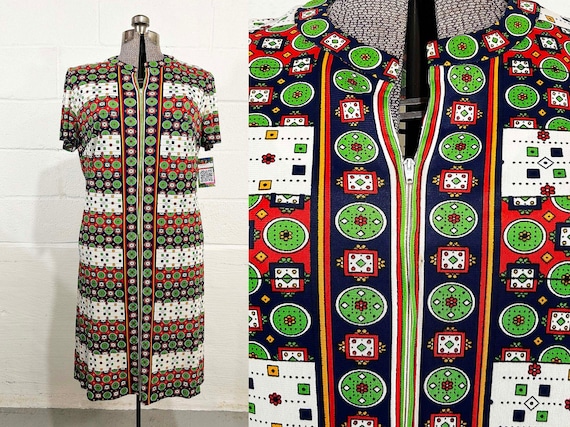 Vintage B. Altman & Co Knit Dress Amy Adams Knits Red Green White Geometric Print Day Dress Mod Fashion Short Sleeves 1960s XL XXL
